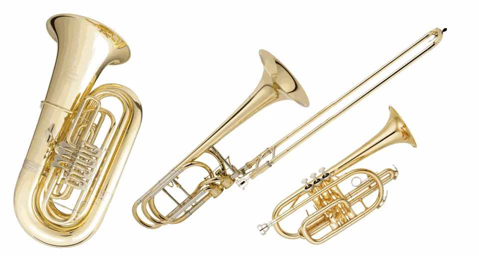 La famille d'instruments des cuivres : Le tuba, la trompette et le trombone