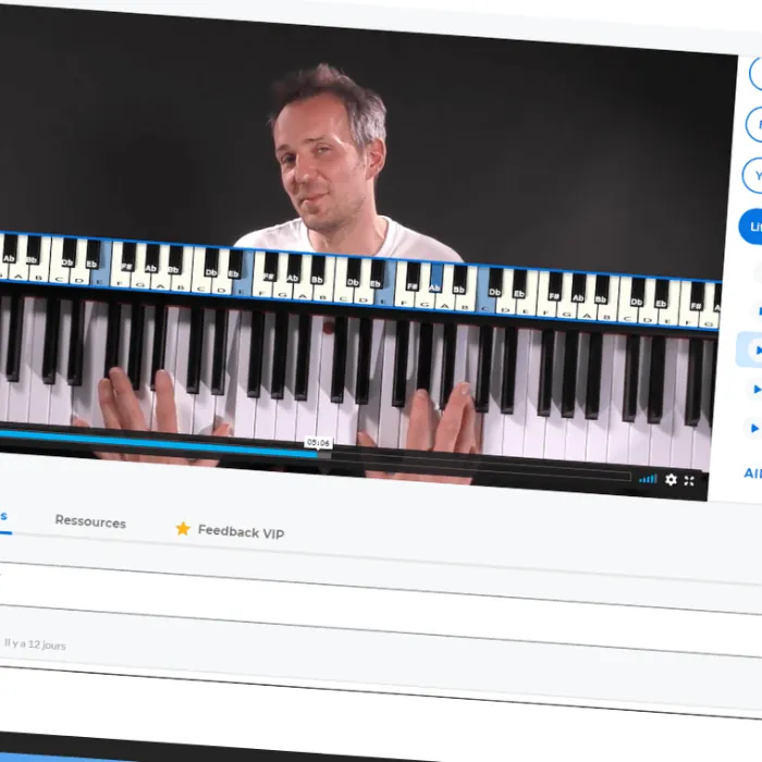 Une leçon dans l’espace membre MyPianoPop : la vidéo, les onglets Ressources et Feedback VIP