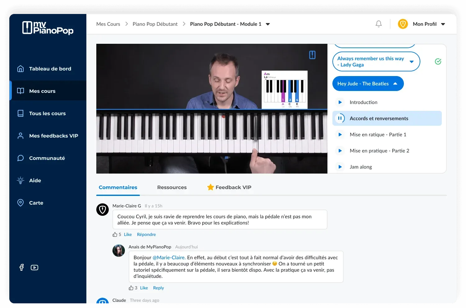 L'espace membre MyPianoPop : une leçon vidéo de la Méthode, avec les commentaires de la communauté
