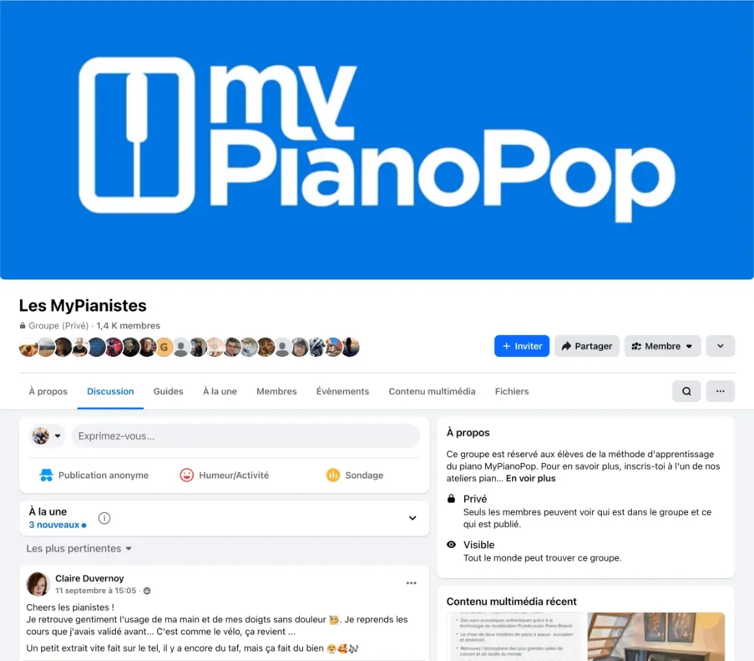 Le groupe privé Les MyPianistes sur Facebook : 1,4 K membres, une élève partage sa vidéo au piano