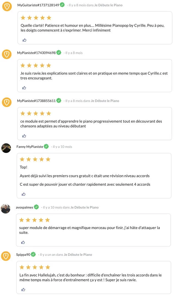 Captures d'avis d'élèves Je Débute le Piano