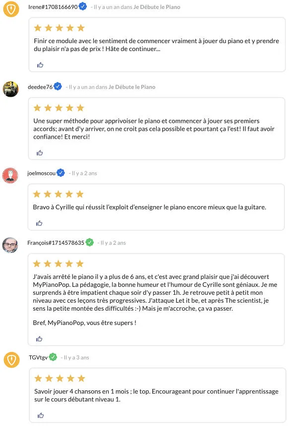 Captures d'avis d'élèves Je Débute le Piano