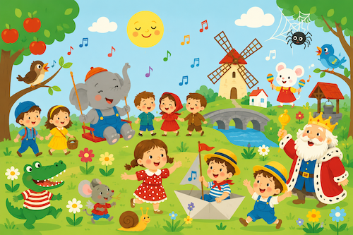 Illustration des personnages des comptines : éléphant, crocodile, souris, escargot, petit navire, roi…
