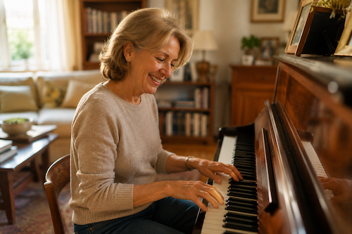 Une femme souriante qui joue du piano dans son salon