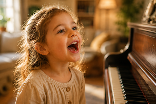 Une enfant qui chante à pleine voix près du piano