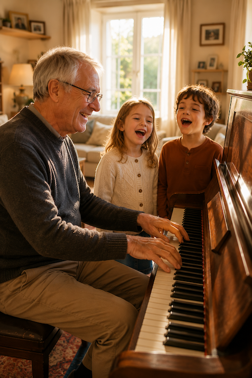 Un grand-père au piano avec deux enfants qui chantent à pleine voix