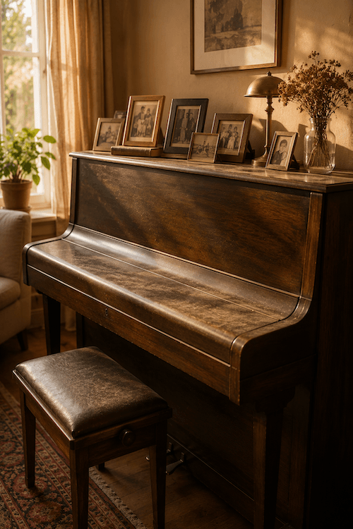 Un grand-parent au piano avec des enfants qui chantent autour