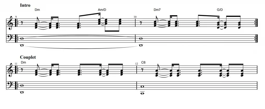 Extrait de partition de piano pop avec la main gauche écrite en clé de fa